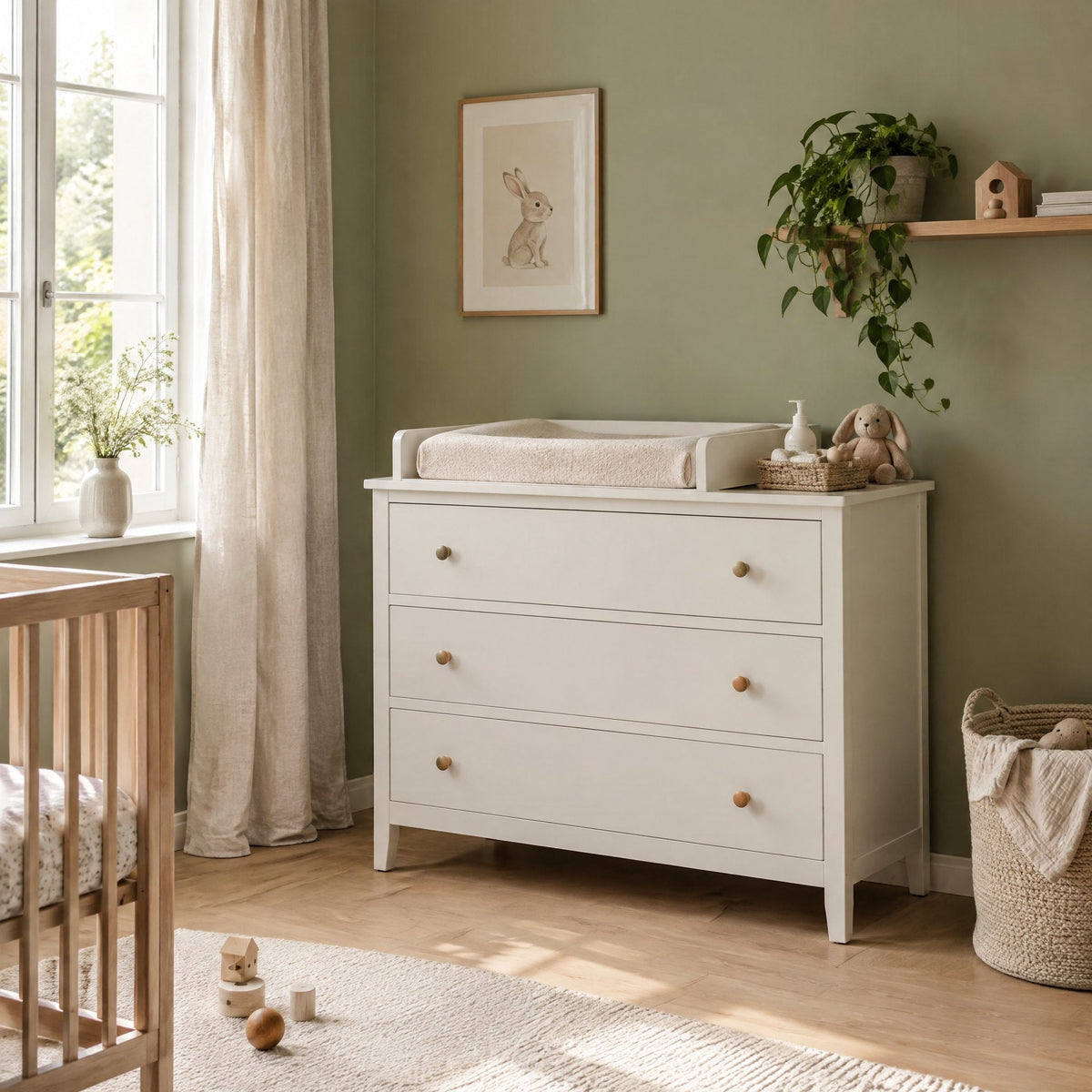 Commode blanche avec plan à langer dans une chambre de bébé