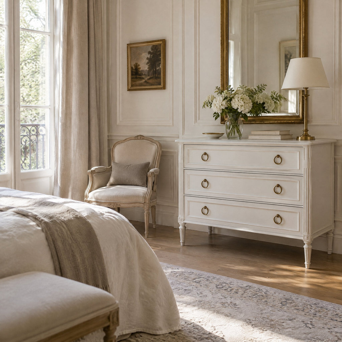Commode blanche de style Louis XVI à poignées laiton