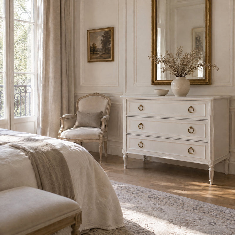 Commode blanche de style Louis XVI à poignées laiton