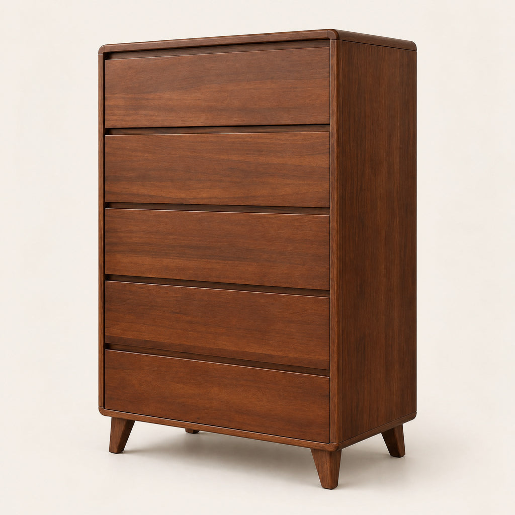 Chiffonnier 5 tiroirs noyer, 80 × 45 × 116 cm, vue de trois quarts