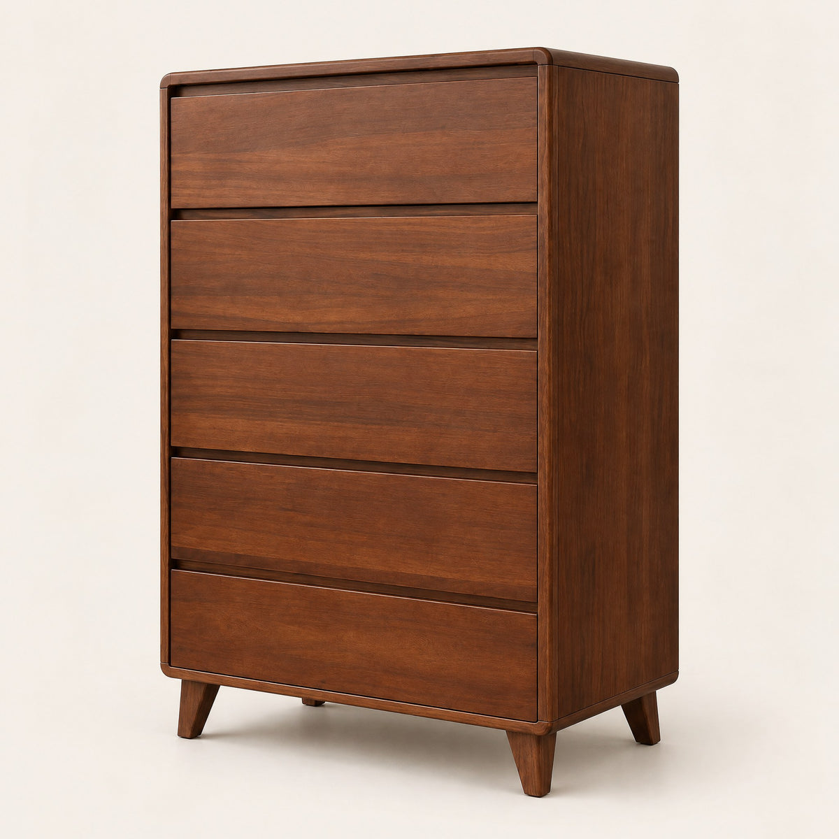Chiffonnier 5 tiroirs noyer, 80 × 45 × 116 cm, vue de trois quarts