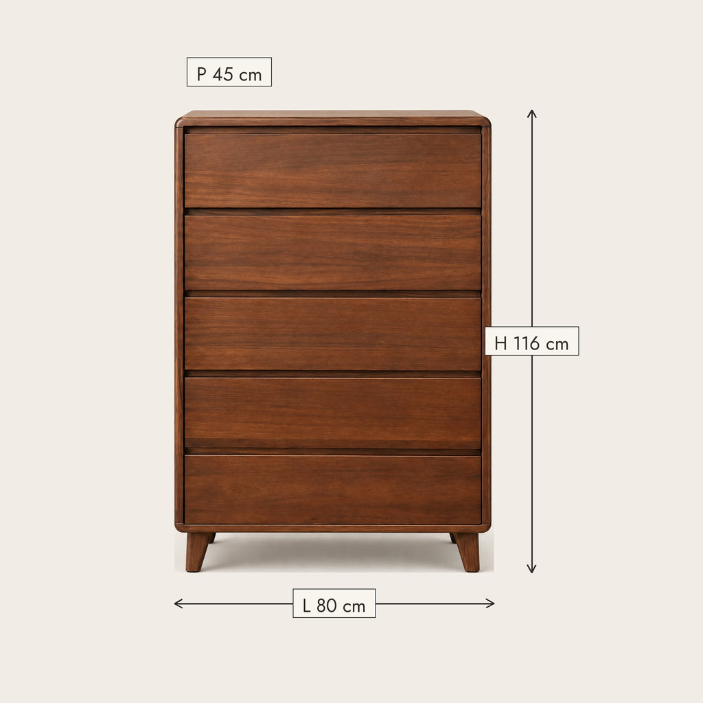 Chiffonnier 5 tiroirs noyer, 80 × 45 × 116 cm, dimensions
