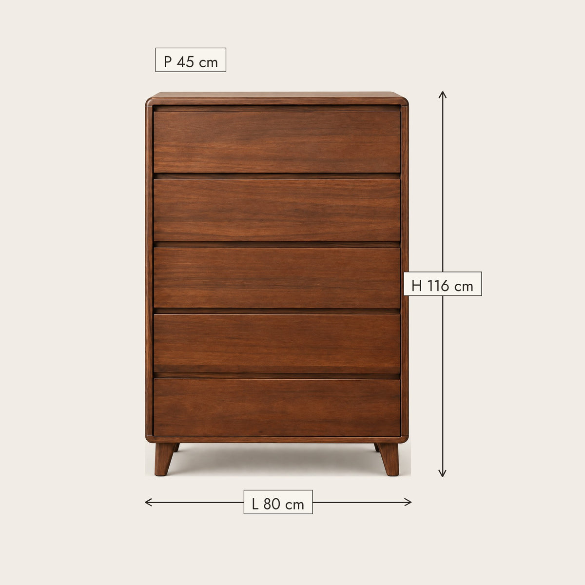 Chiffonnier 5 tiroirs noyer, 80 × 45 × 116 cm, dimensions