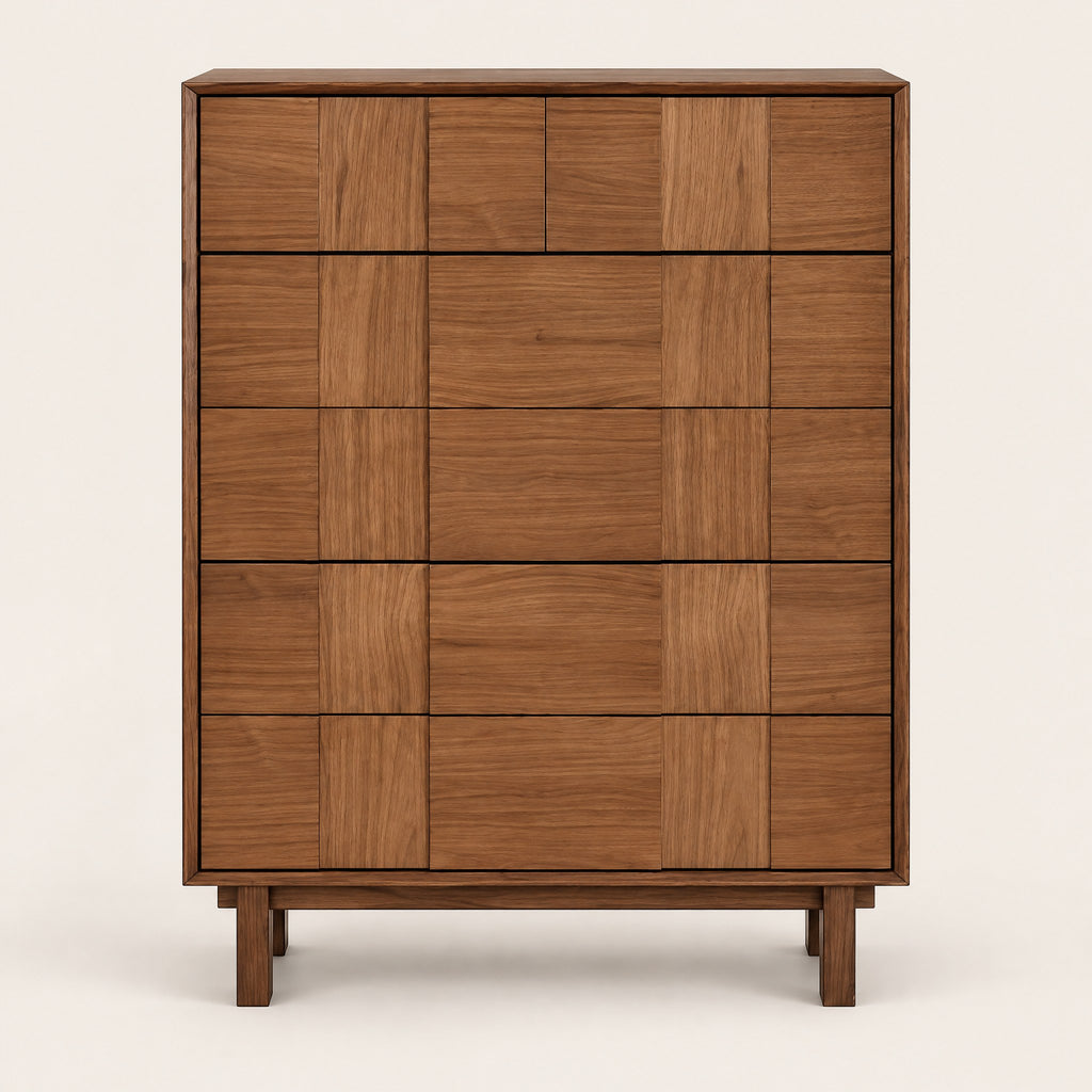Chiffonnier chêne 5 tiroirs, façades en damier, vue de face
