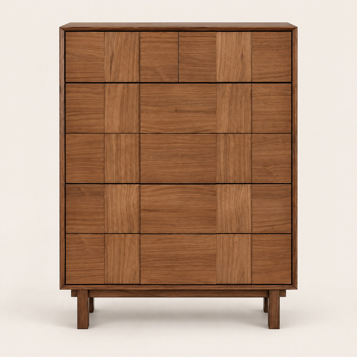 Chiffonnier chêne 5 tiroirs, façades en damier, vue de face