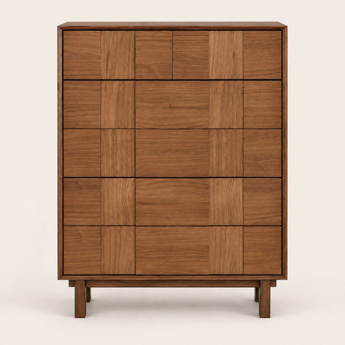 Chiffonnier chêne 5 tiroirs, façades en damier, vue de face