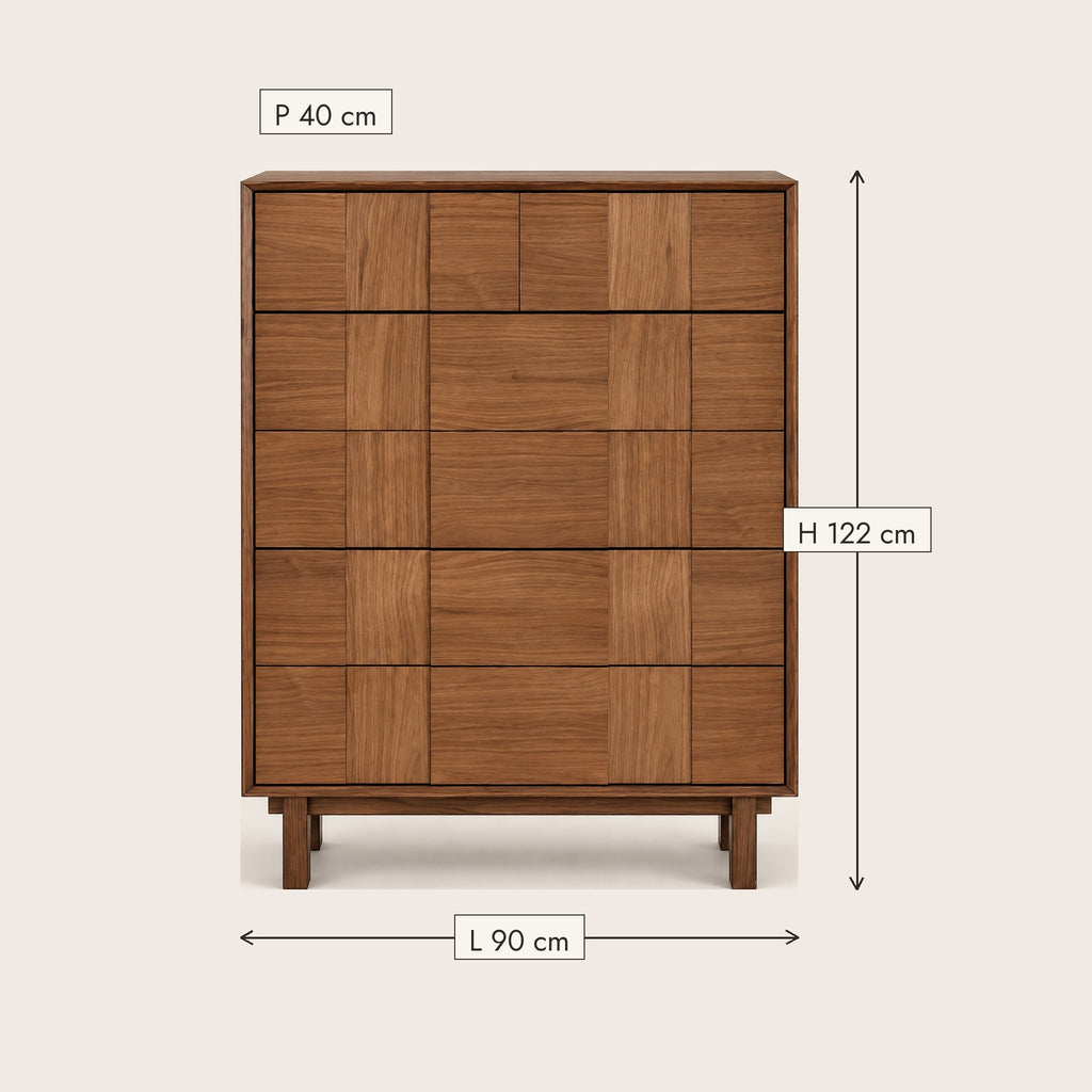 Chiffonnier chêne 5 tiroirs, façades en damier, dimensions