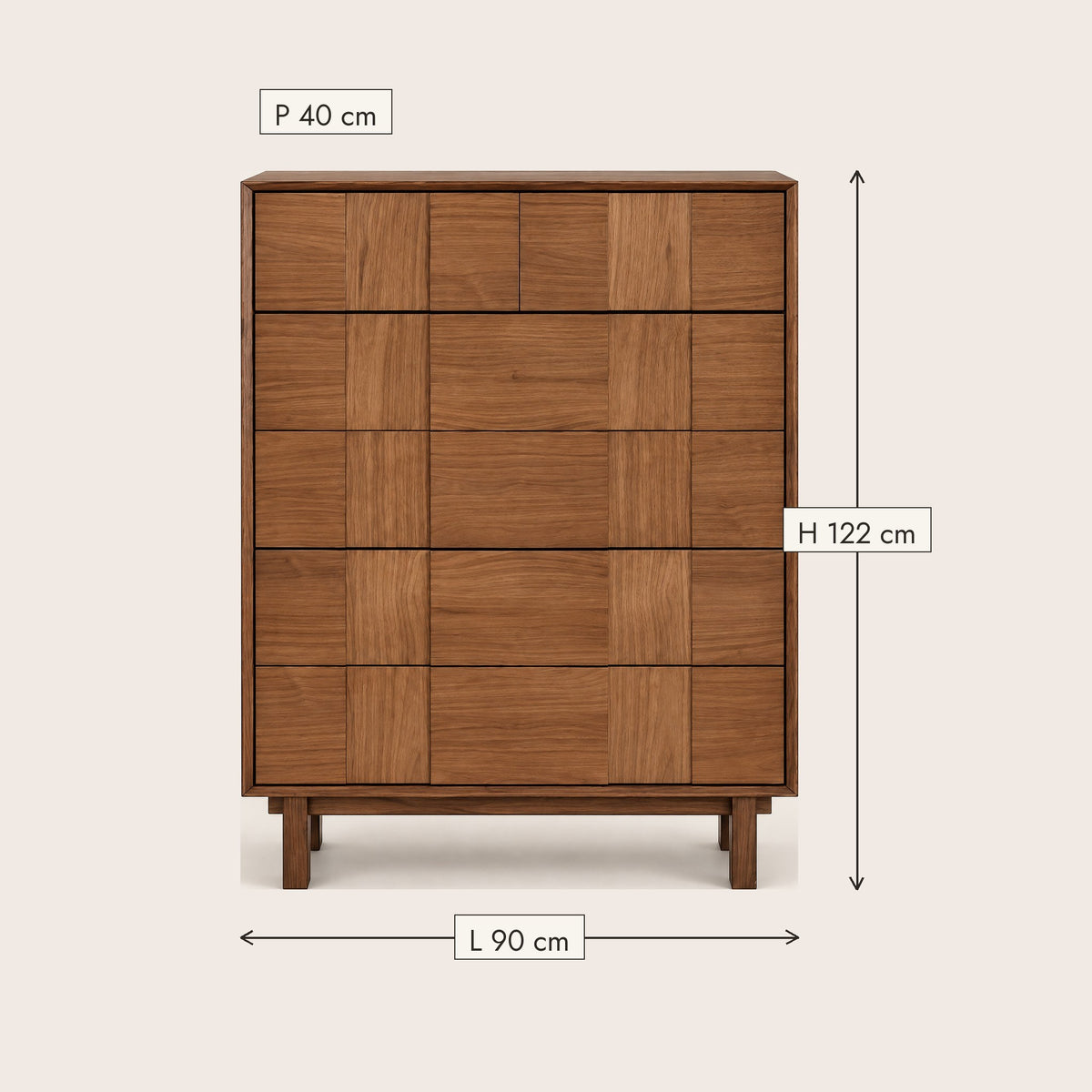 Chiffonnier chêne 5 tiroirs, façades en damier, dimensions