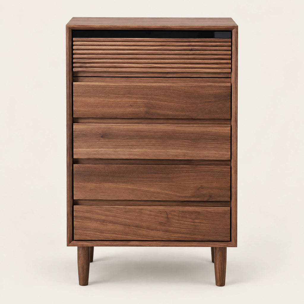 Chiffonnier noyer 5 tiroirs, 60 × 40 × 95 cm, vue de face