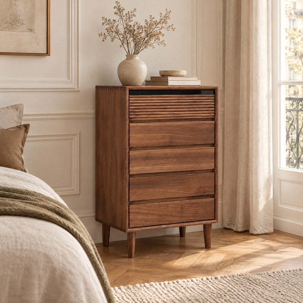 Chiffonnier noyer 5 tiroirs, 60 × 40 × 95 cm dans une chambre