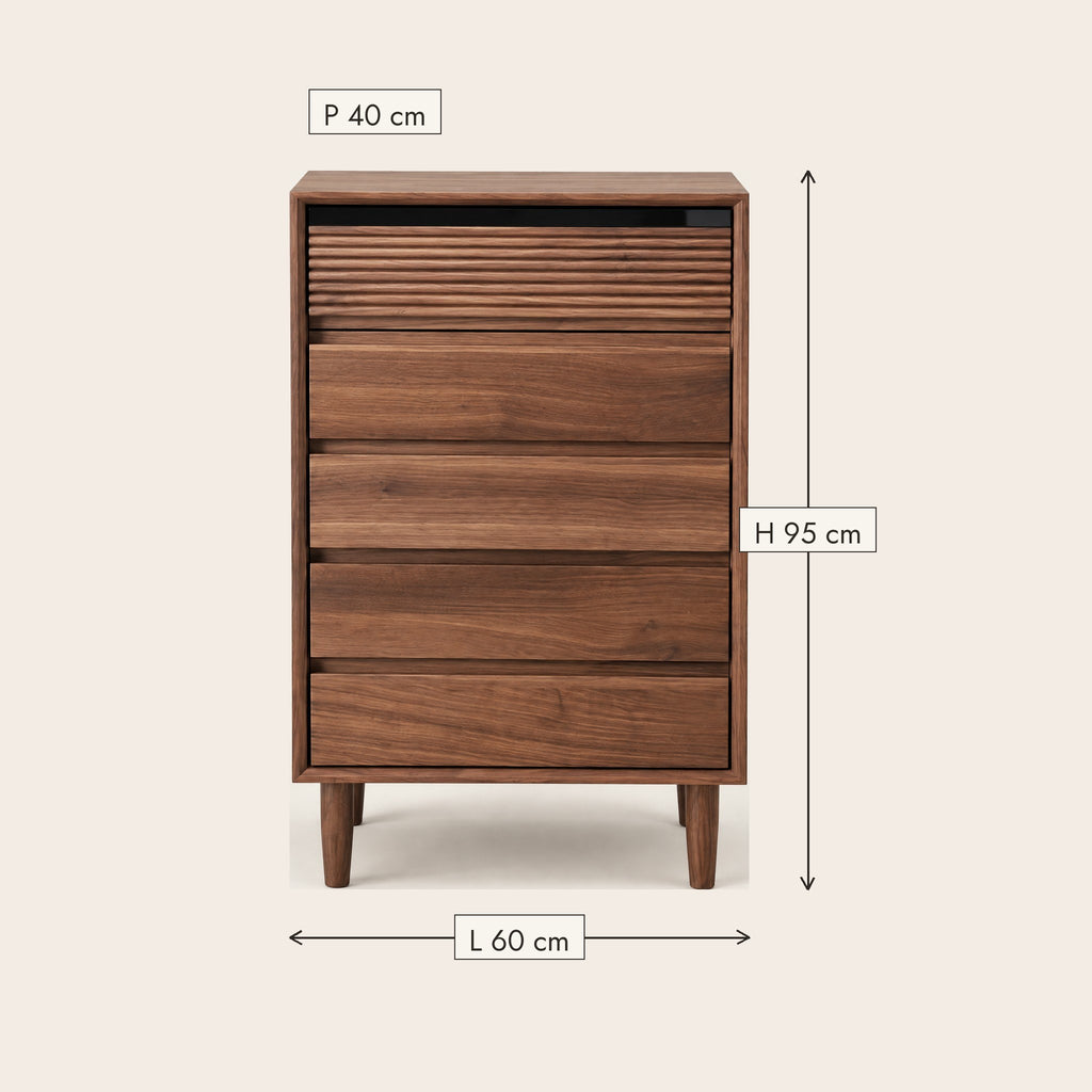 Chiffonnier noyer 5 tiroirs, 60 × 40 × 95 cm, dimensions