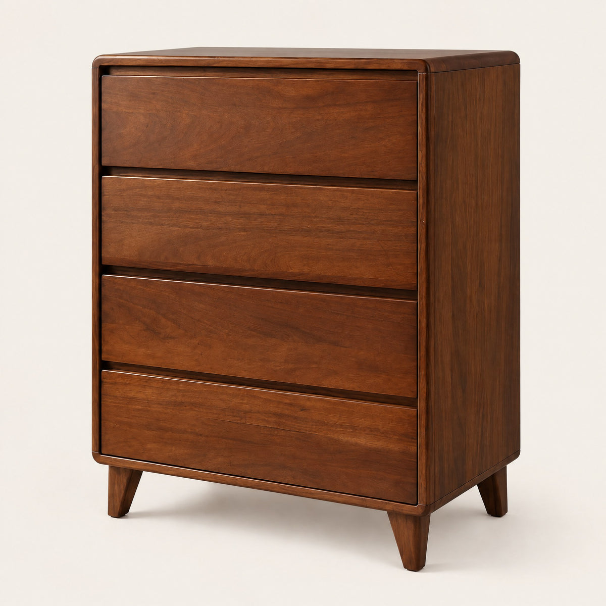 Commode 4 tiroirs noyer, 80 × 45 × 96 cm, vue de trois quarts