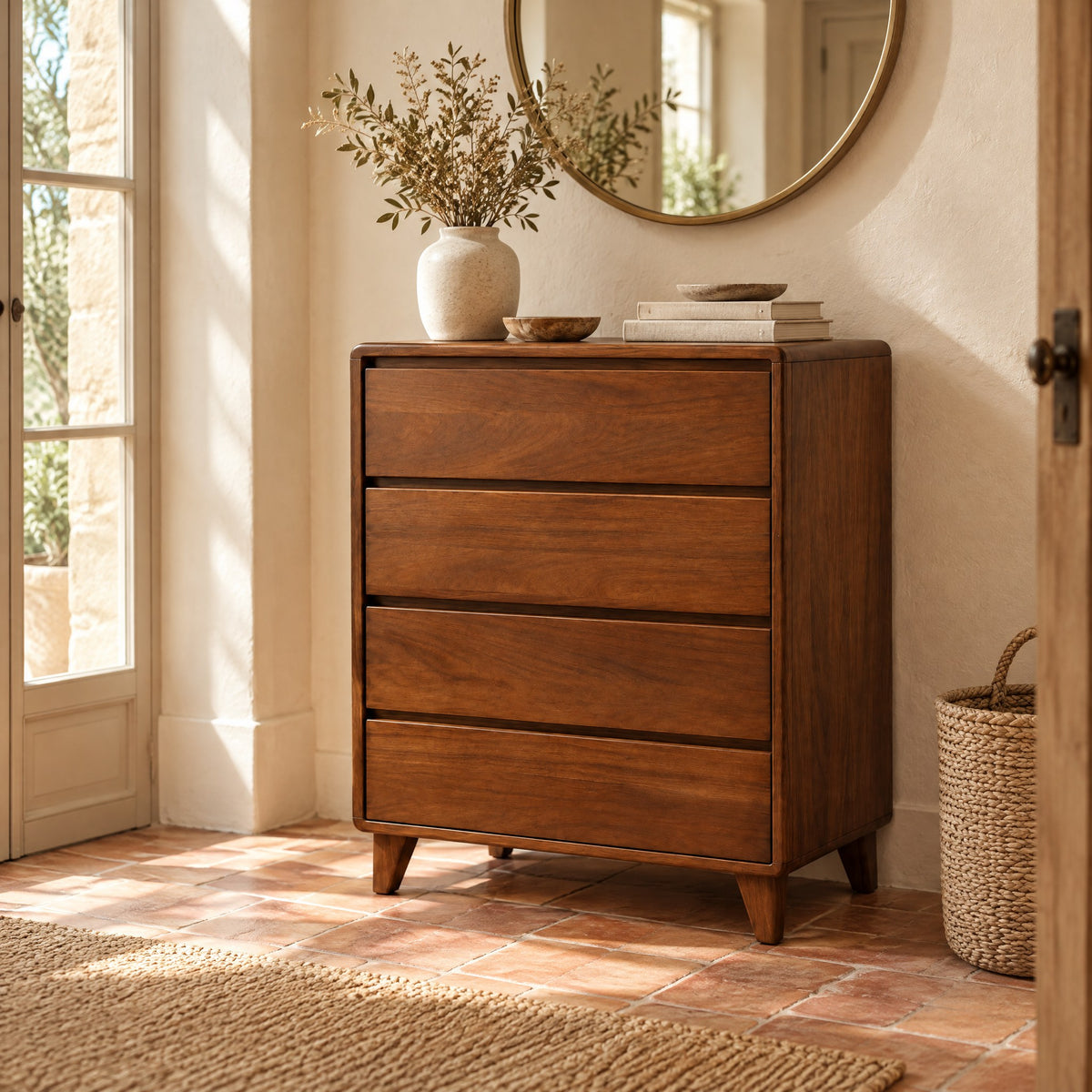 Commode 4 tiroirs noyer, 80 × 45 × 96 cm dans une entrée