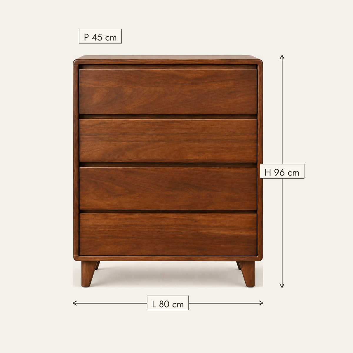 Commode 4 tiroirs noyer, 80 × 45 × 96 cm, dimensions