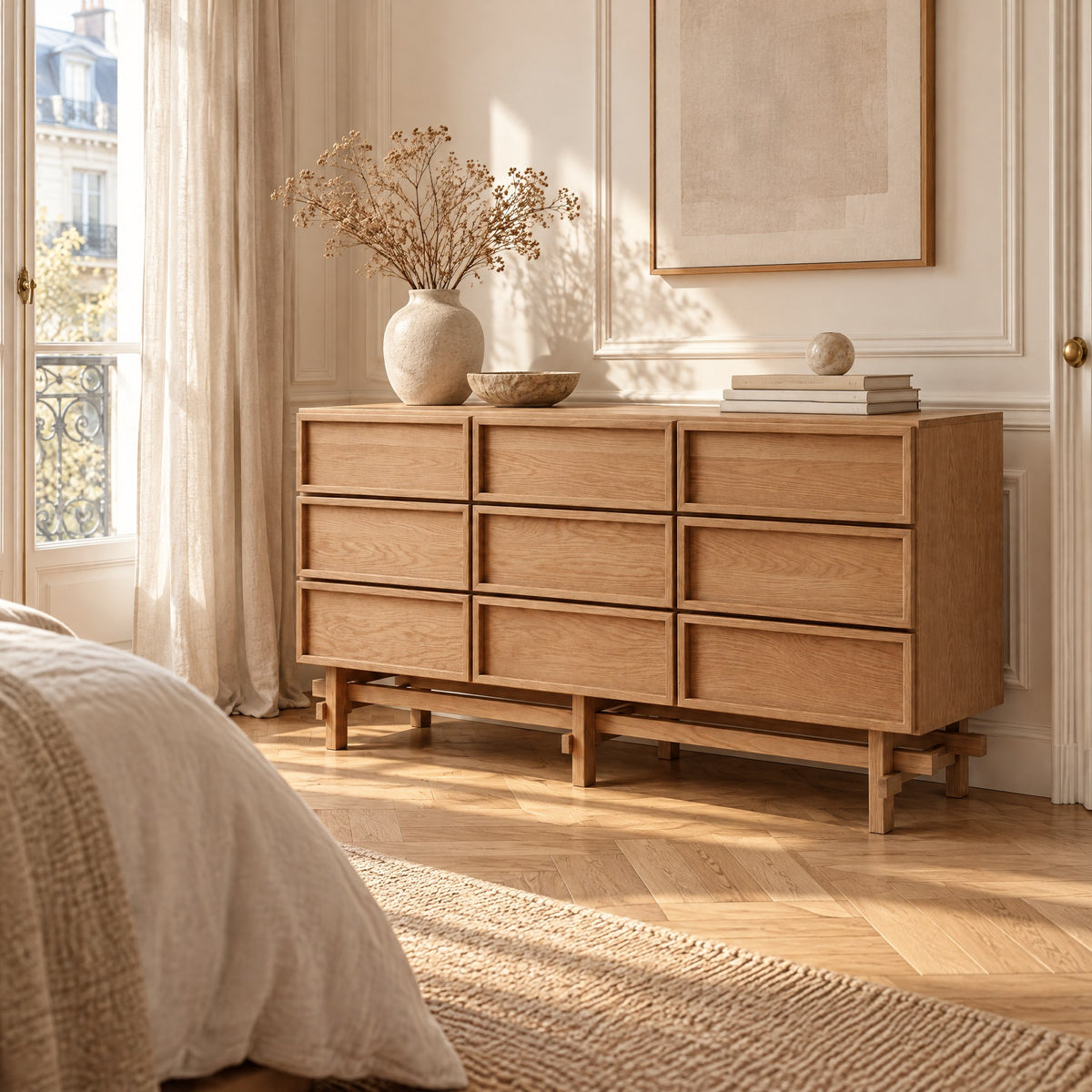 Commode 9 tiroirs chêne, style japonais dans une chambre