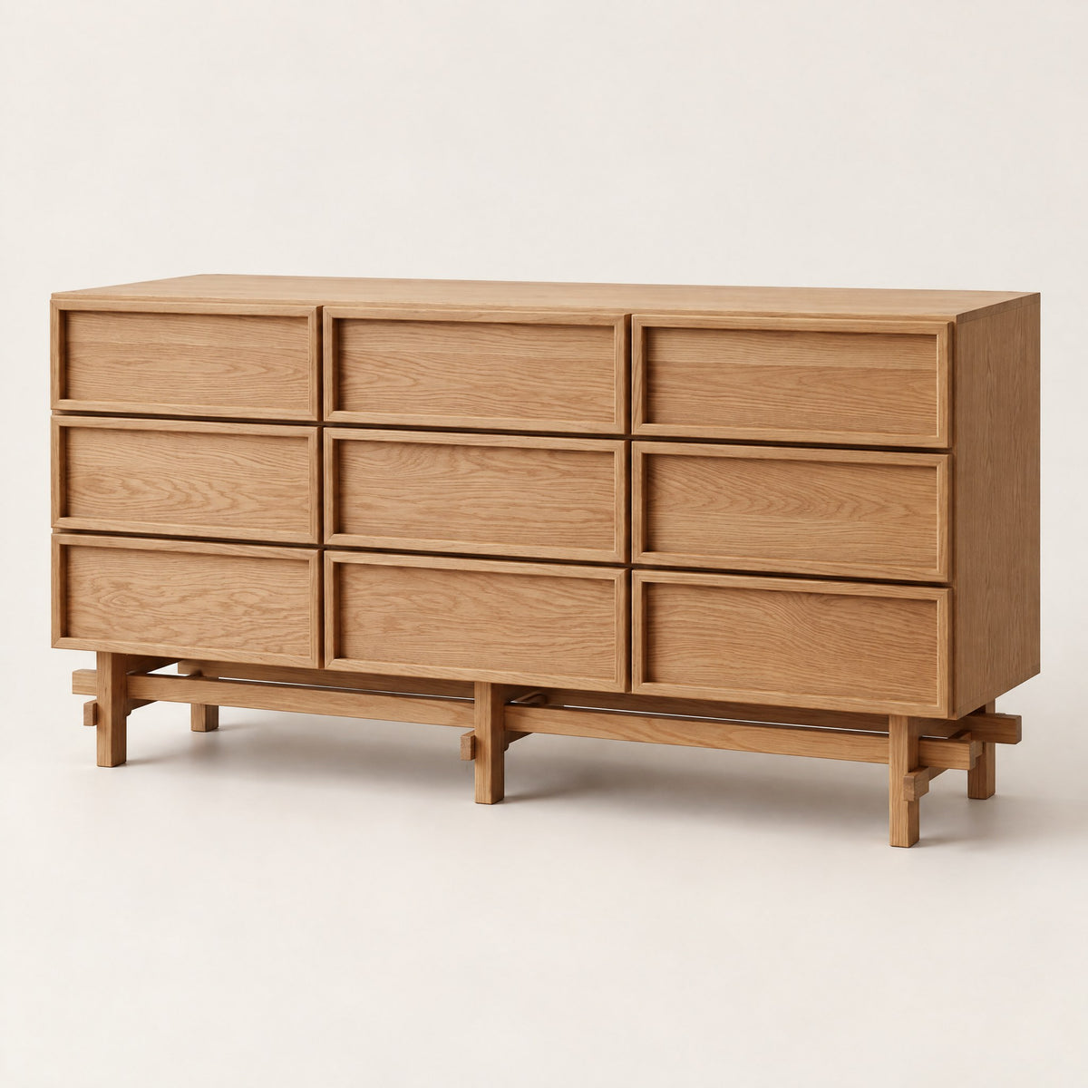 Commode 9 tiroirs chêne, style japonais, vue de trois quarts