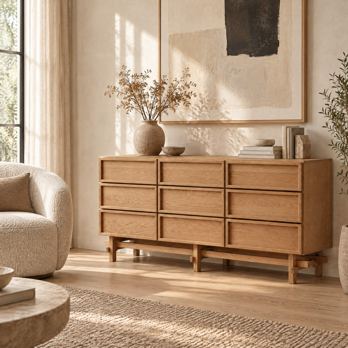 Commode 9 tiroirs chêne, style japonais dans un salon