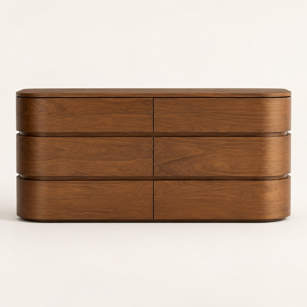 Commode arrondie 6 tiroirs, noyer, vue de face