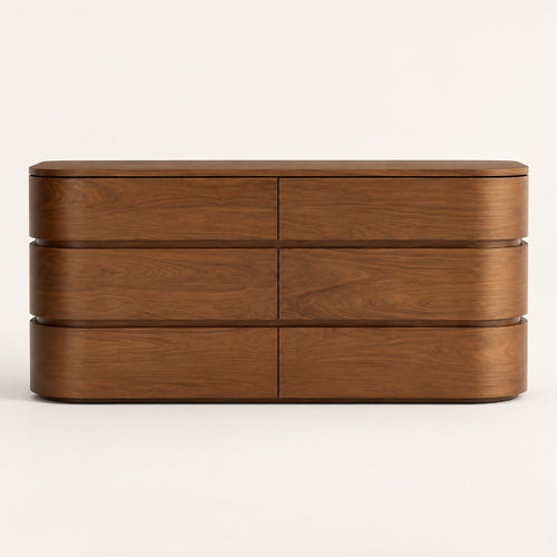 Commode arrondie 6 tiroirs, noyer, vue de face