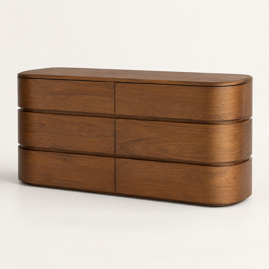 Commode arrondie 6 tiroirs, noyer, vue de trois quarts