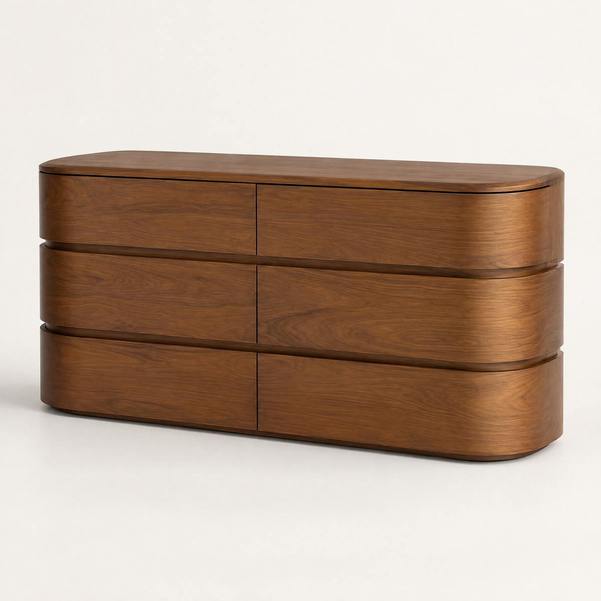 Commode arrondie 6 tiroirs, noyer, vue de trois quarts