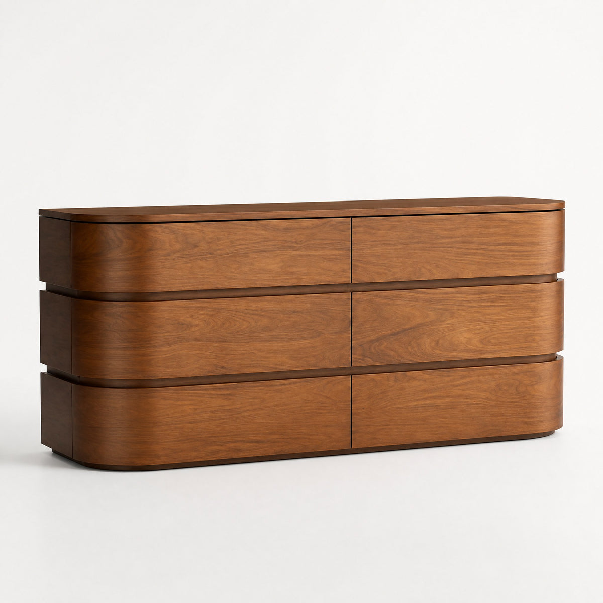 Commode arrondie noyer, vue de trois quarts sur fond clair