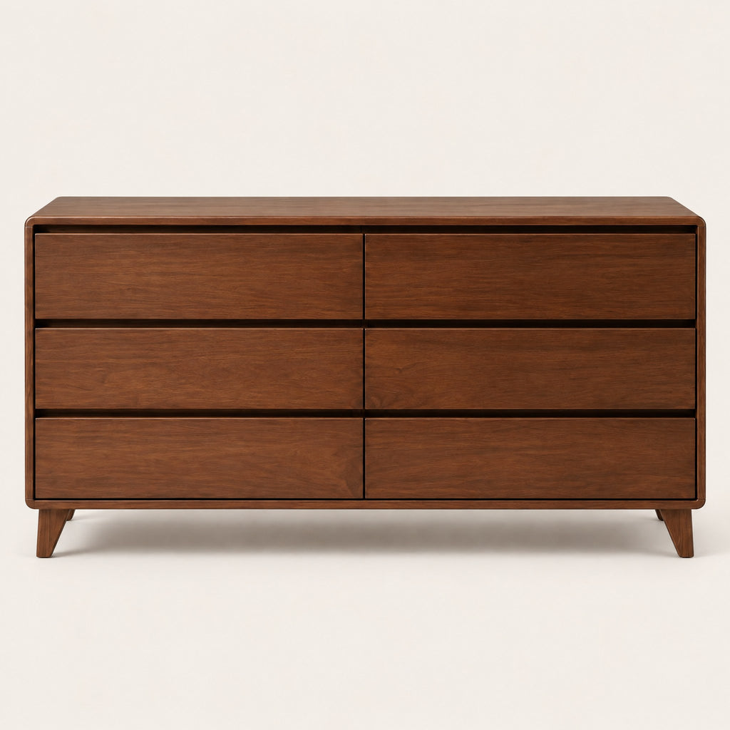 Commode basse 6 tiroirs noyer, 156 cm, vue de face
