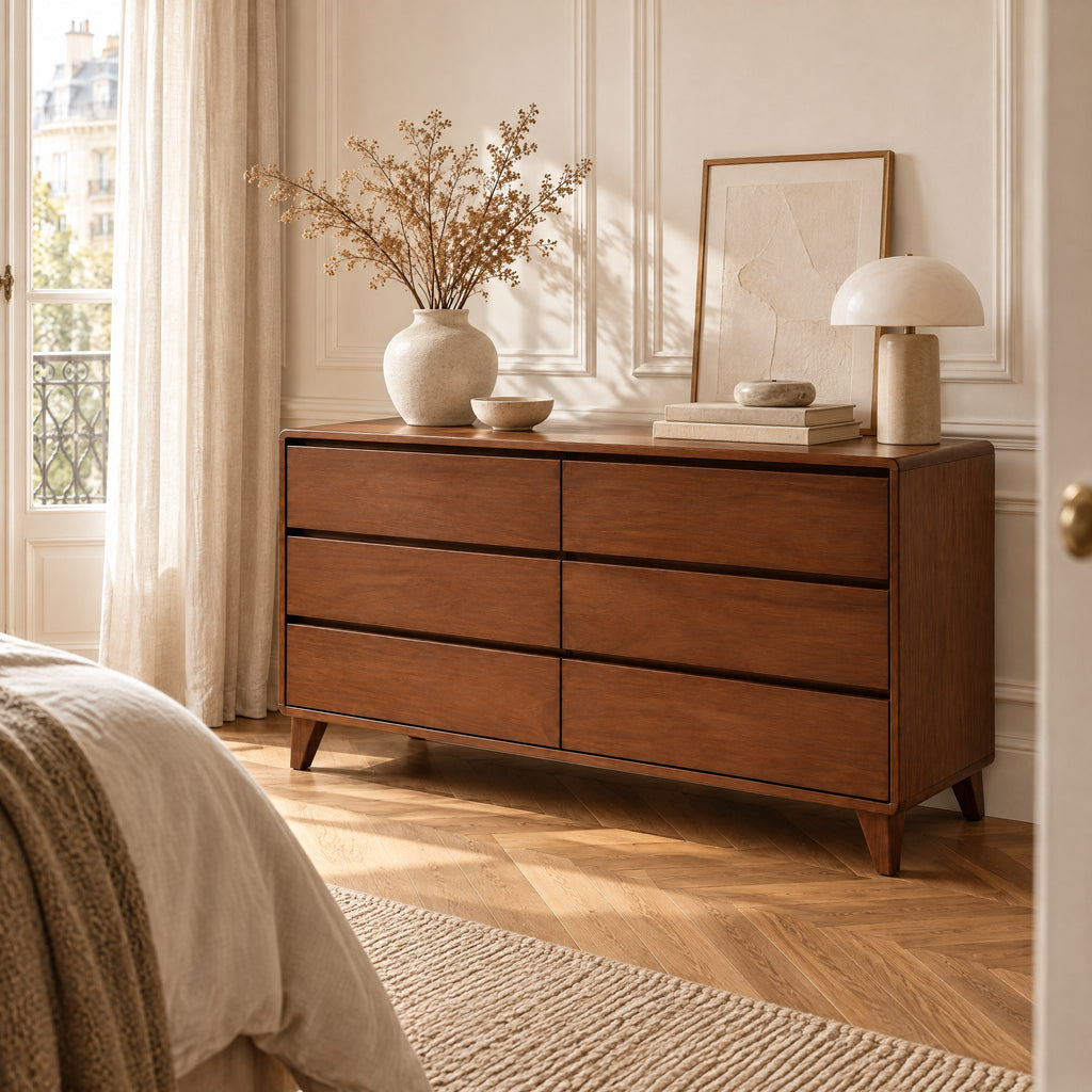 Commode basse 6 tiroirs noyer, 156 cm dans une chambre