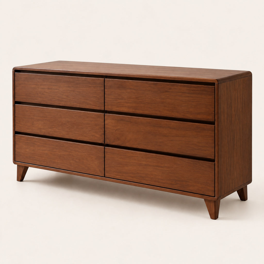 Commode basse 6 tiroirs noyer, 156 cm, vue de trois quarts