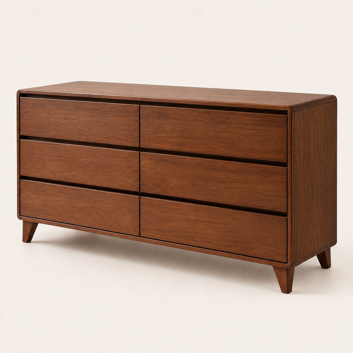 Commode basse 6 tiroirs noyer, 156 cm, vue de trois quarts