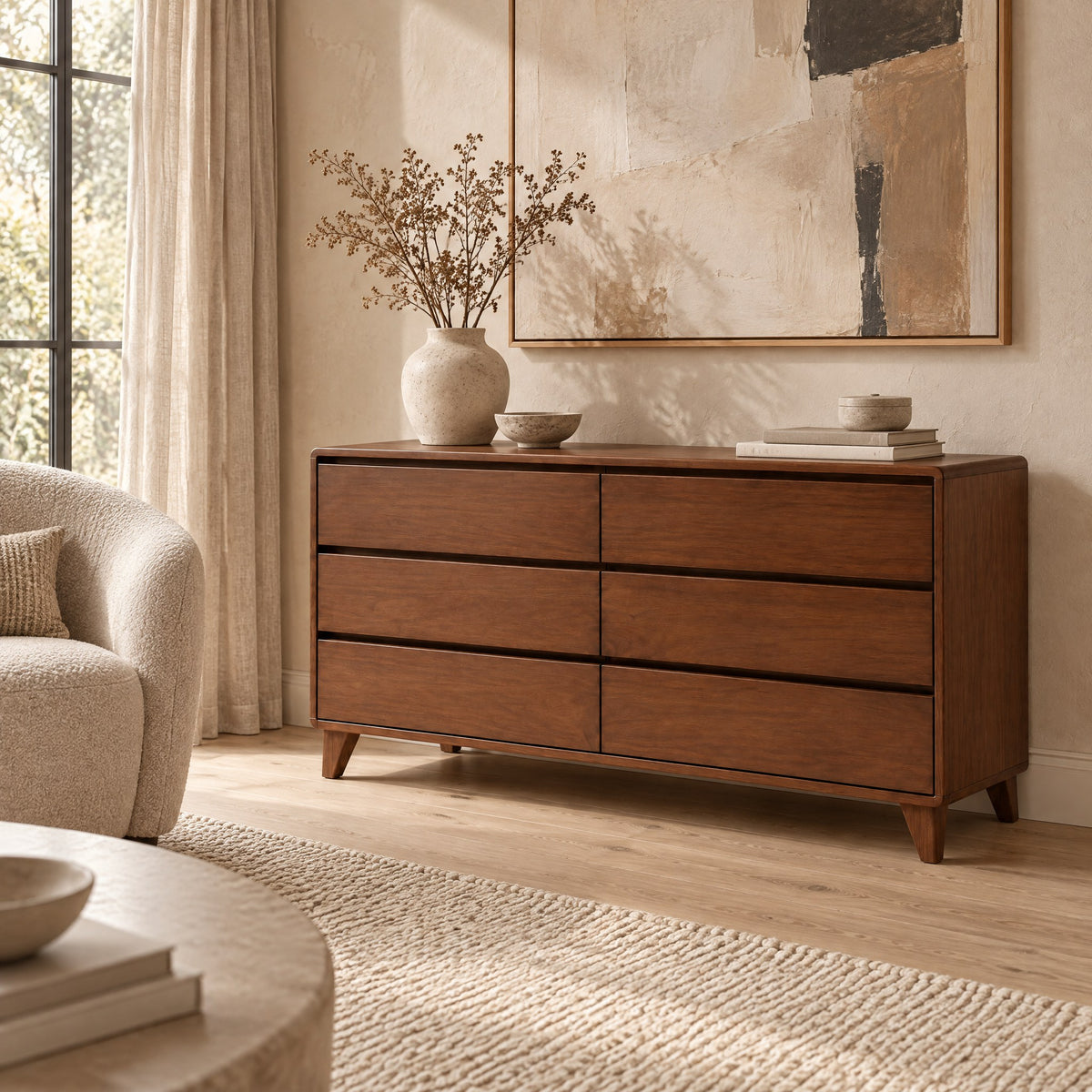 Commode basse 6 tiroirs noyer, 156 cm dans un salon