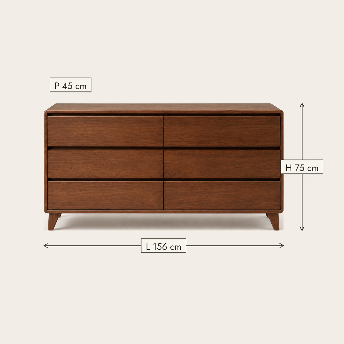 Commode basse 6 tiroirs noyer, 156 cm, dimensions