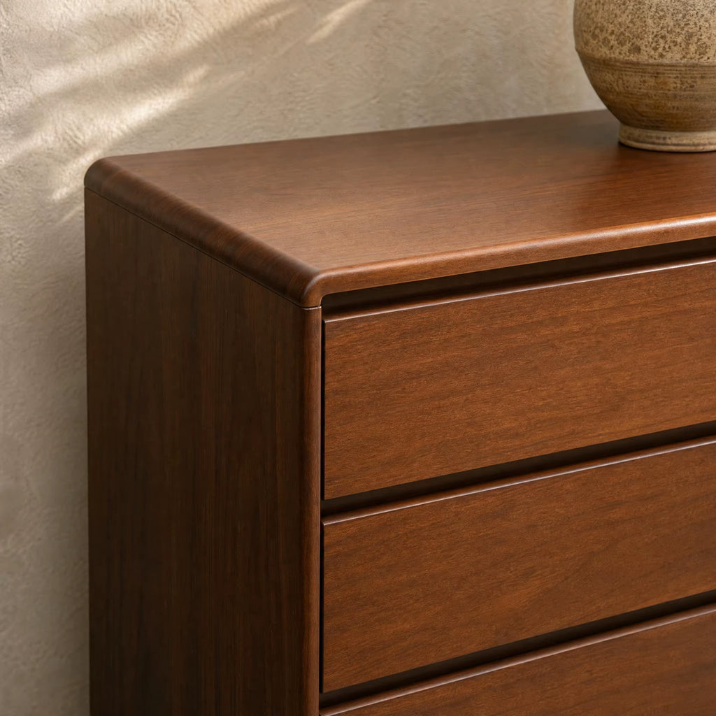 Commode basse 6 tiroirs noyer, 156 cm, mise en situation