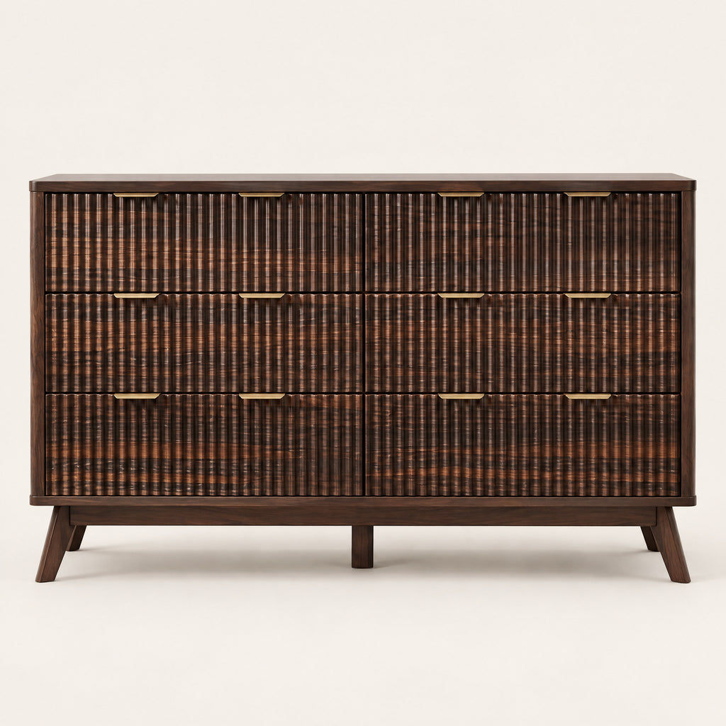 Commode cannelée 6 tiroirs noyer foncé, pieds compas, vue de face