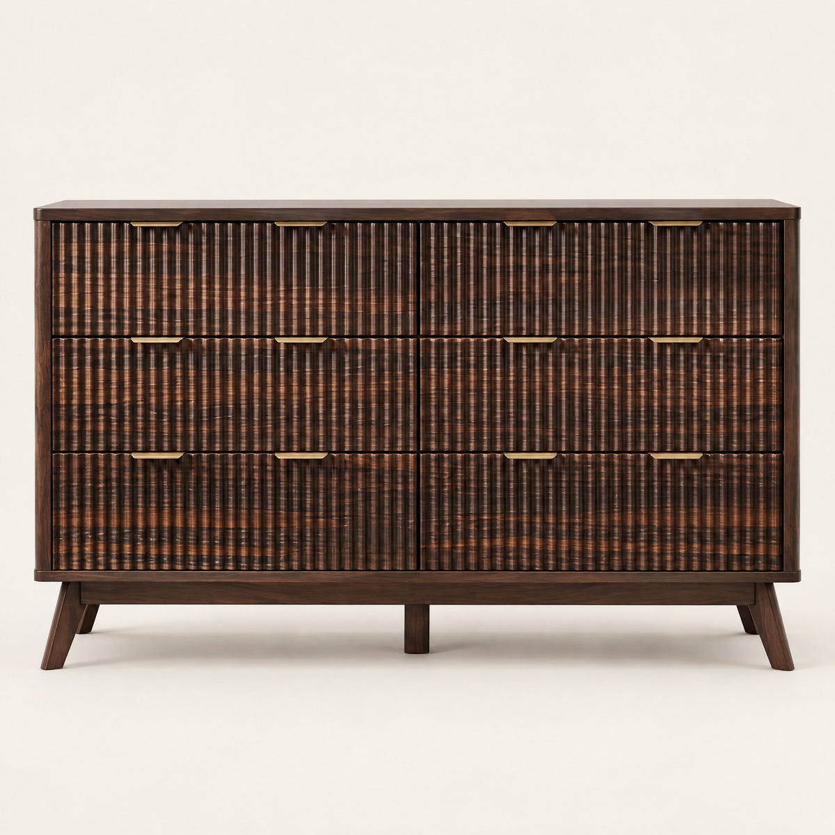 Commode cannelée 6 tiroirs noyer foncé, pieds compas, vue de face