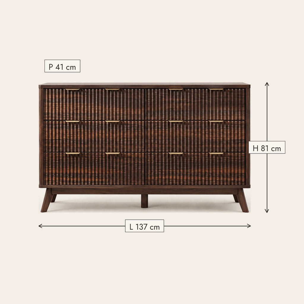 Commode cannelée 6 tiroirs noyer foncé, pieds compas, dimensions