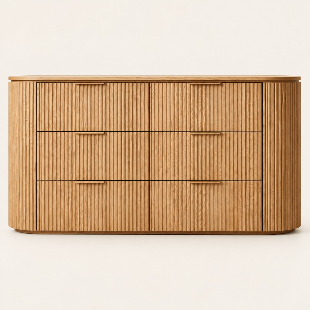 Commode cannelée arrondie 6 tiroirs, chêne naturel, vue de face