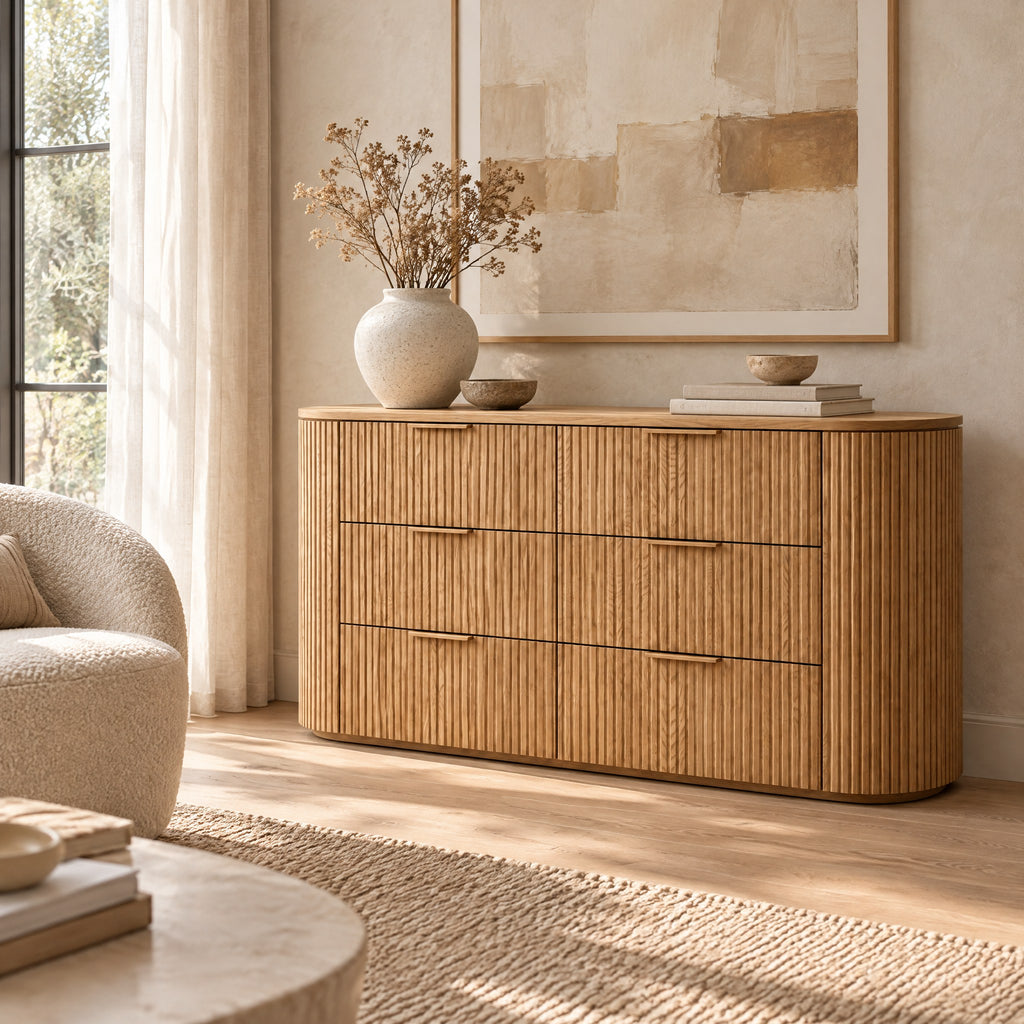 Commode cannelée arrondie 6 tiroirs, chêne naturel dans un salon