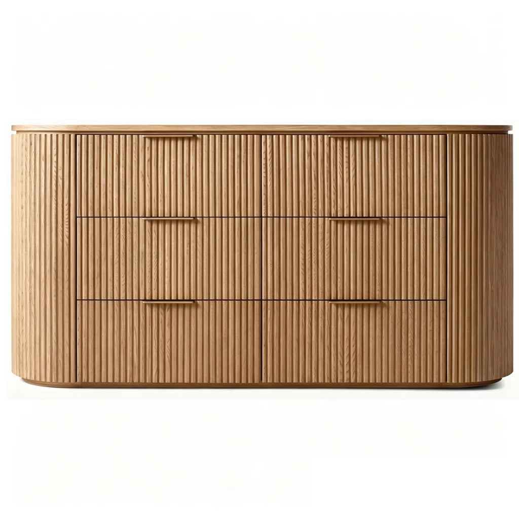 Commode cannelée arrondie 6 tiroirs, chêne naturel, mise en situation