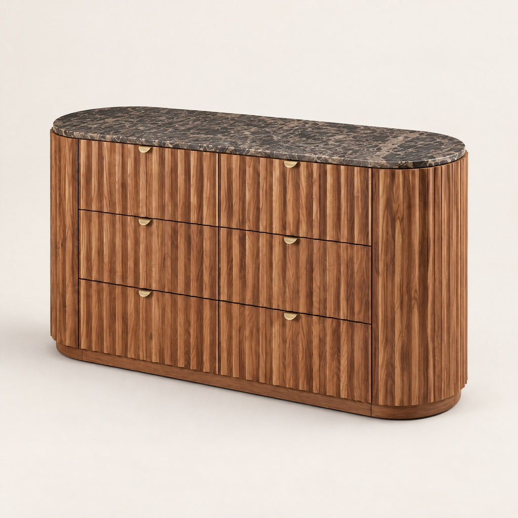 Commode cannelée noyer 6 tiroirs, plateau effet marbre, vue de trois quarts