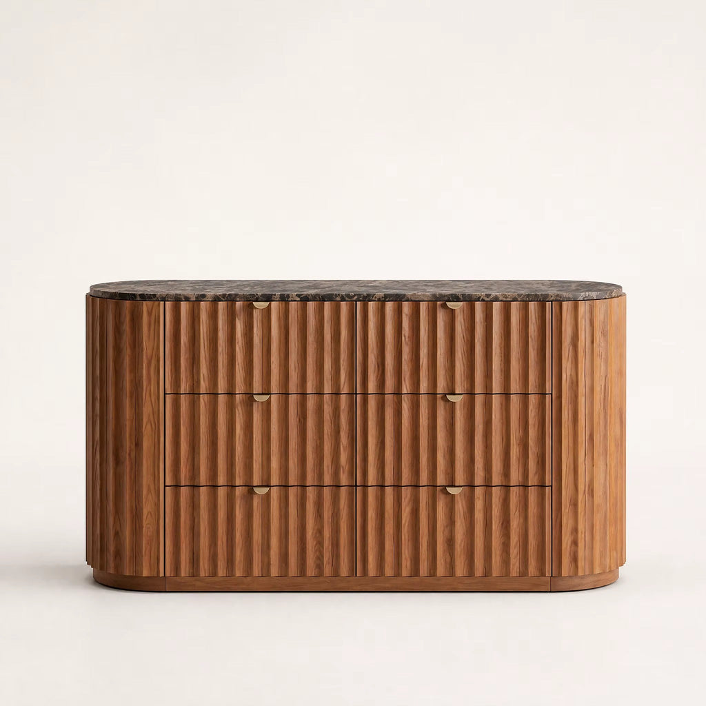 Commode cannelée noyer 6 tiroirs, plateau effet marbre, mise en situation