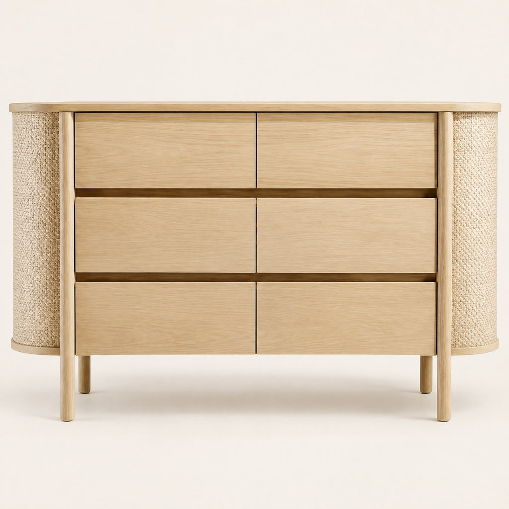 Commode chêne 6 tiroirs, côtés arrondis en cannage, vue de face