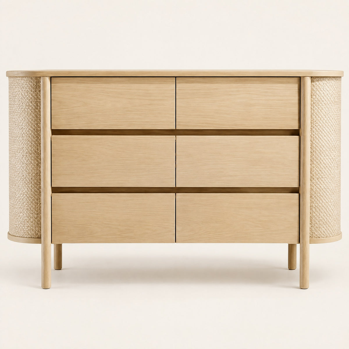 Commode chêne 6 tiroirs, côtés arrondis en cannage, vue de face