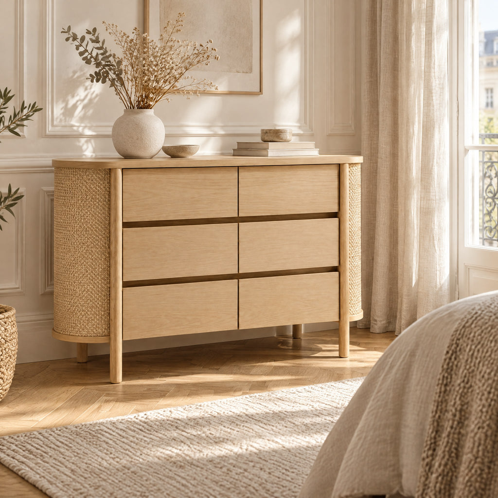 Commode chêne 6 tiroirs, côtés arrondis en cannage dans une chambre