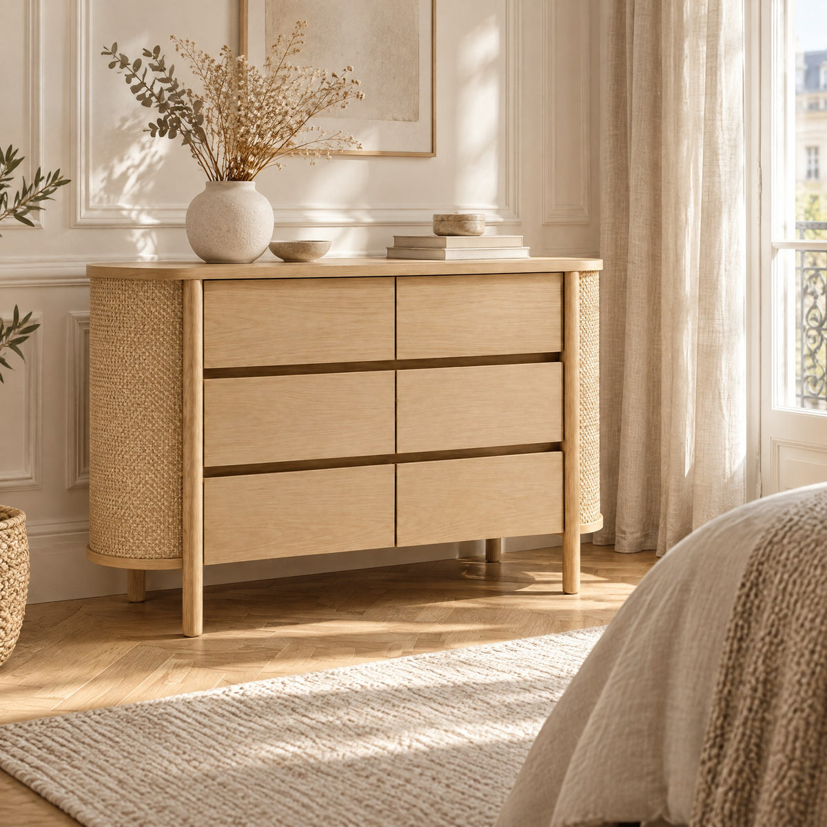 Commode chêne 6 tiroirs, côtés arrondis en cannage dans une chambre