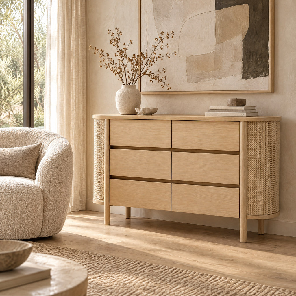 Commode chêne 6 tiroirs, côtés arrondis en cannage dans un salon