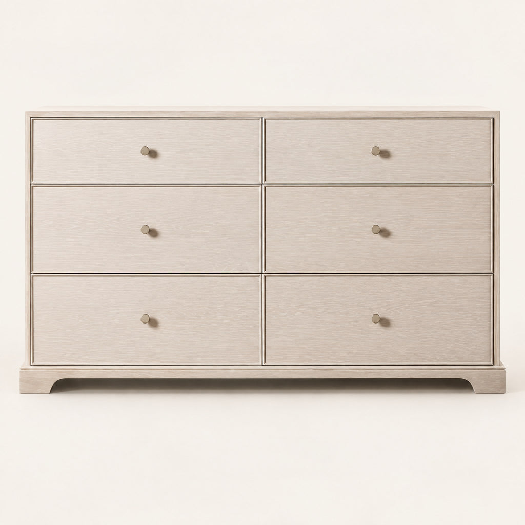 Commode chêne blanchi 6 tiroirs, socle chantourné, vue de face