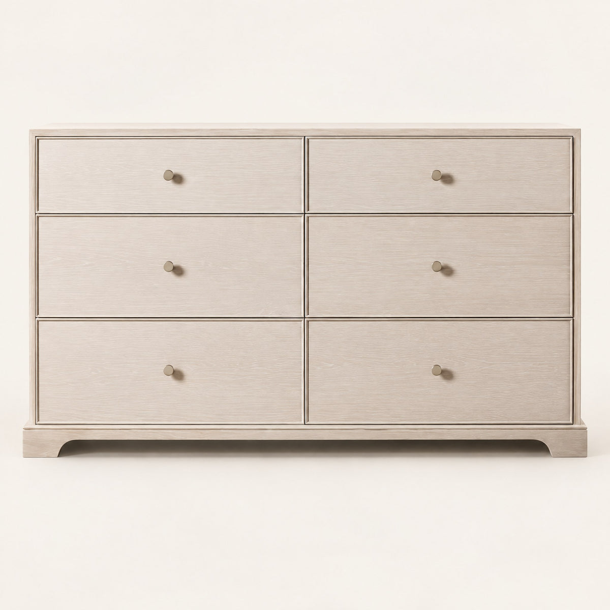 Commode chêne blanchi 6 tiroirs, socle chantourné, vue de face