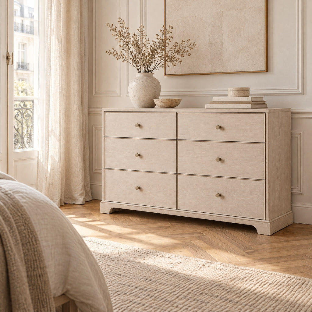 Commode chêne blanchi 6 tiroirs, socle chantourné dans une chambre