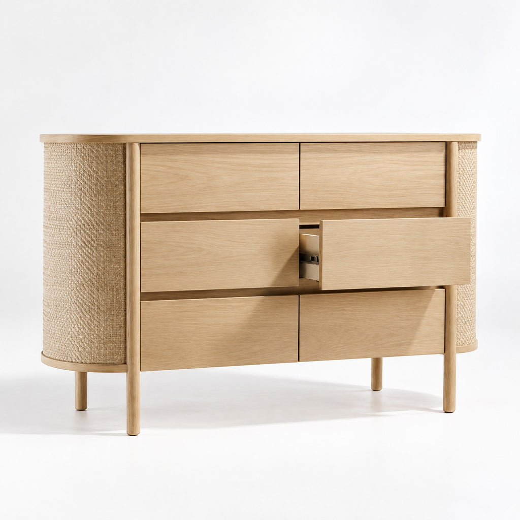 Commode chêne côtés cannés, tiroir ouvert